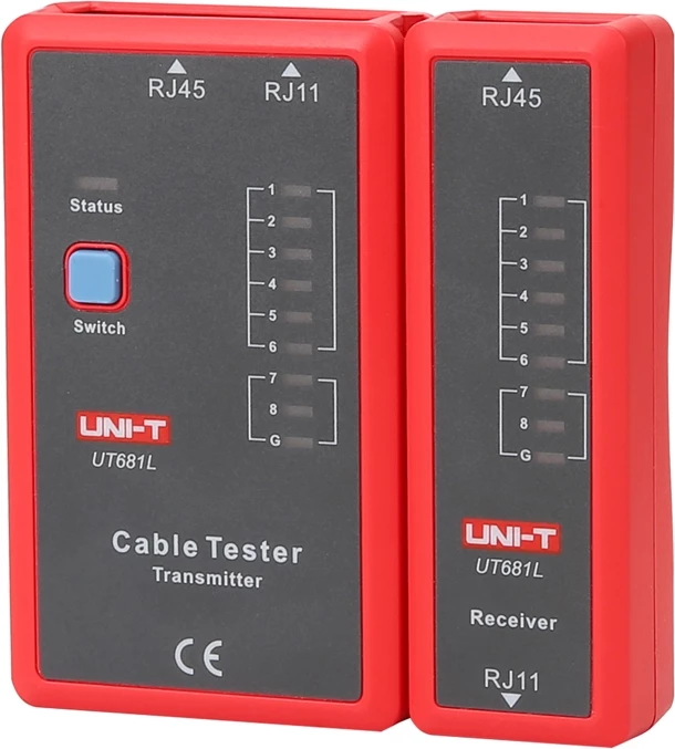 Tester kabllosh rrjeti/telefoni, UNI-T UT681L, RJ45/RJ11, LED, modalitet i shpejtë/ngadalshëm, bateri 9V, set transmetues + pranues, kuq-gri