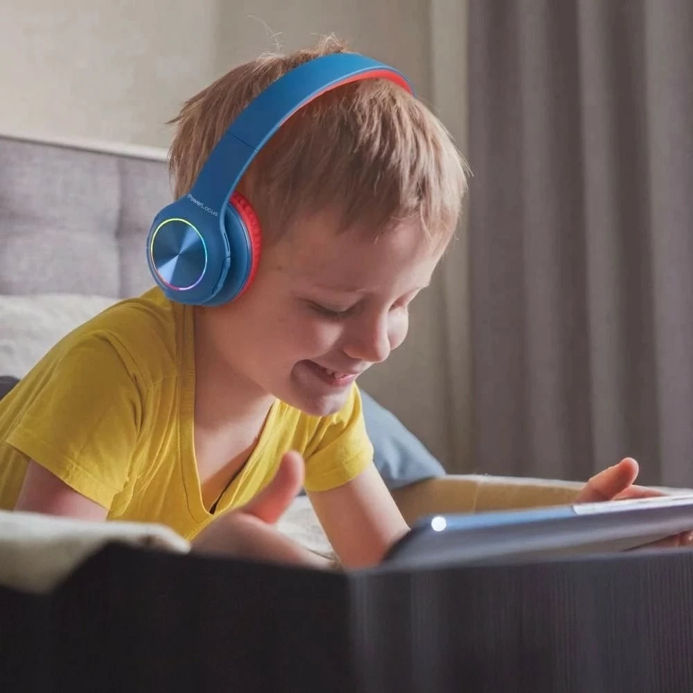 Kufje PowerLocus PLED Kids, Bluetooth + 3.5mm, LED, microSD, me mikrofon, blu/kuqe