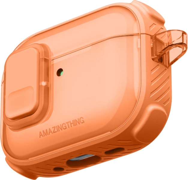 Mbështjellës për kufje, AmazingThing, Titan Pro Mag Case Clear për AirPods Pro 3, me karabiner, kompatibil me karikim wireless, portë me bllokim të brendshëm, port kundër goditjeve PC/TPU, portokalli