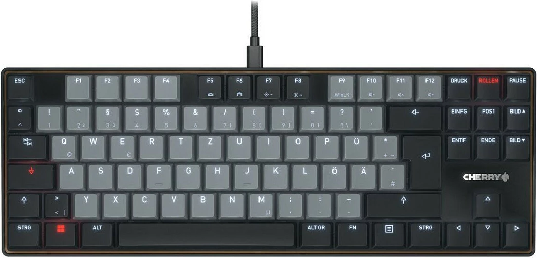 Tastierë mekanike Cherry MX, USB me kabllo, Tenkeyless 88 taste, ndriçim i bardhë, QWERTZ (DE), e zezë