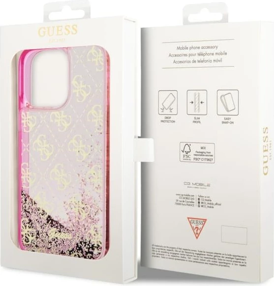 Mbështjellës Guess Liquid Glitter 4G për iPhone 14 Pro Max 6.7", Rozë