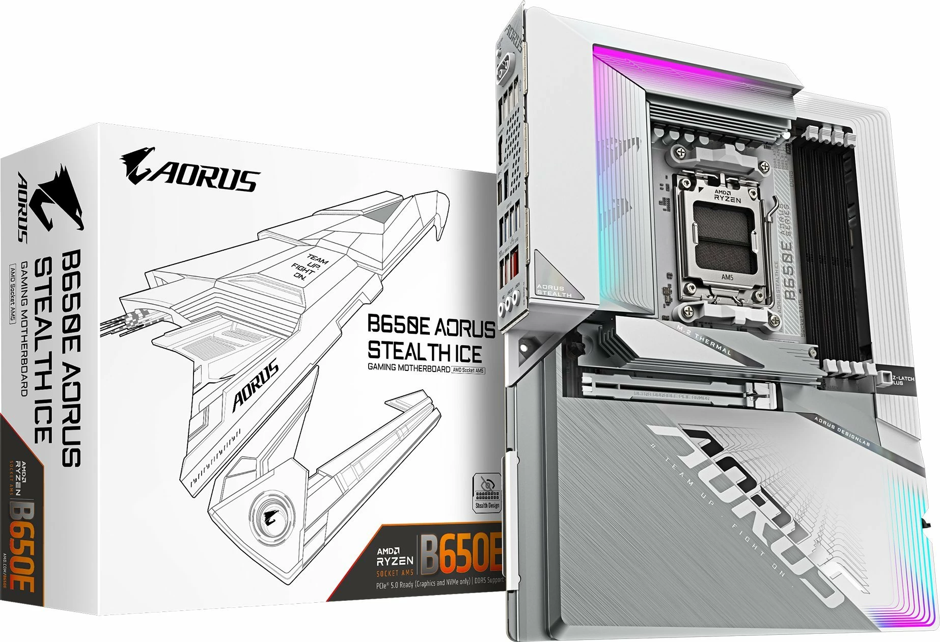 Pllakë amë Gigabyte B650E AORUS Stealth Ice, ATX, DDR5, Wi‑Fi/Bluetooth, e bardhë
