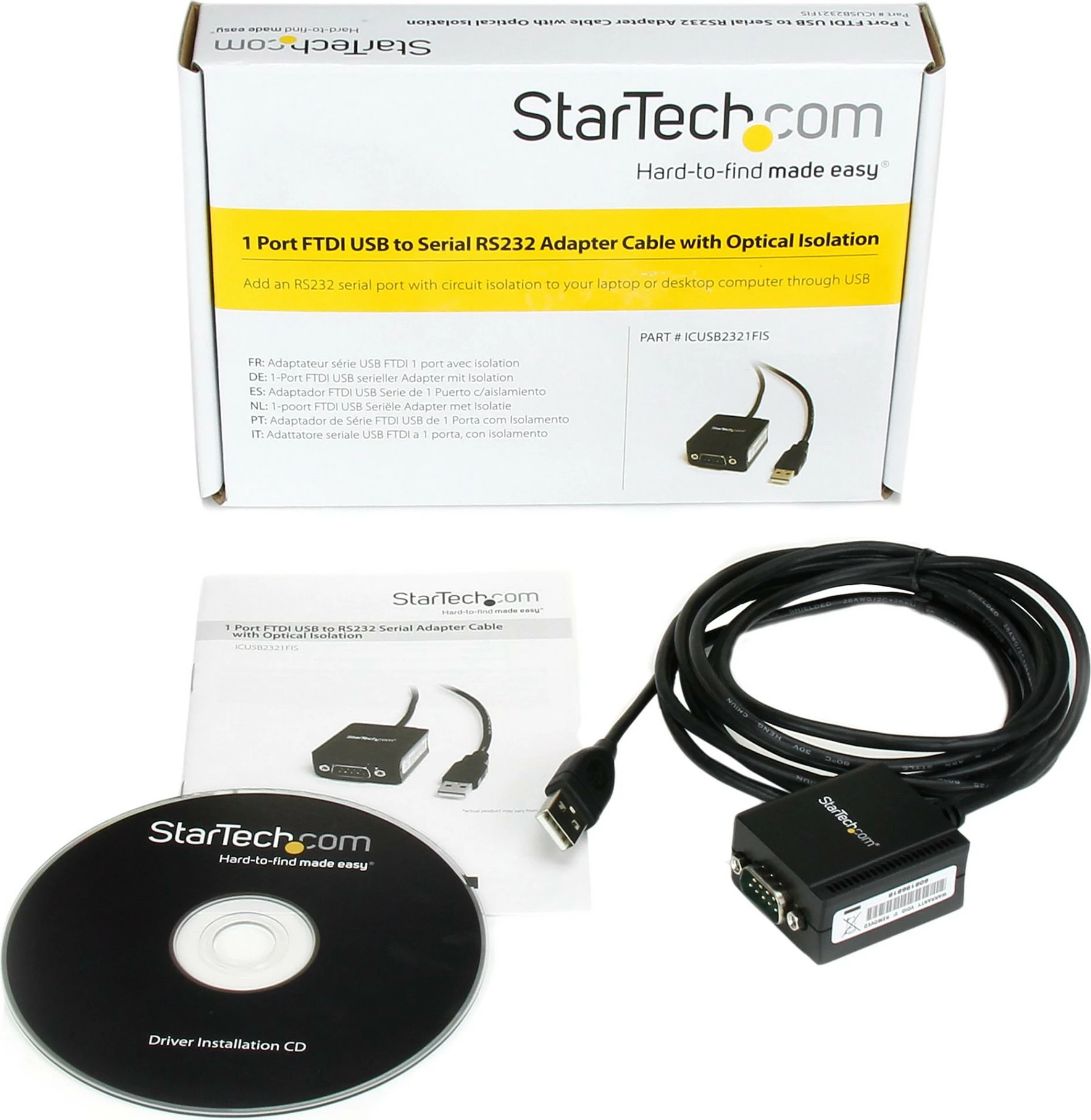 Adapter kabllo USB në RS232 StarTech ICUSB2321FIS, FTDI FT232RL, 2.5 m, DB9, izolim optik, e zezë