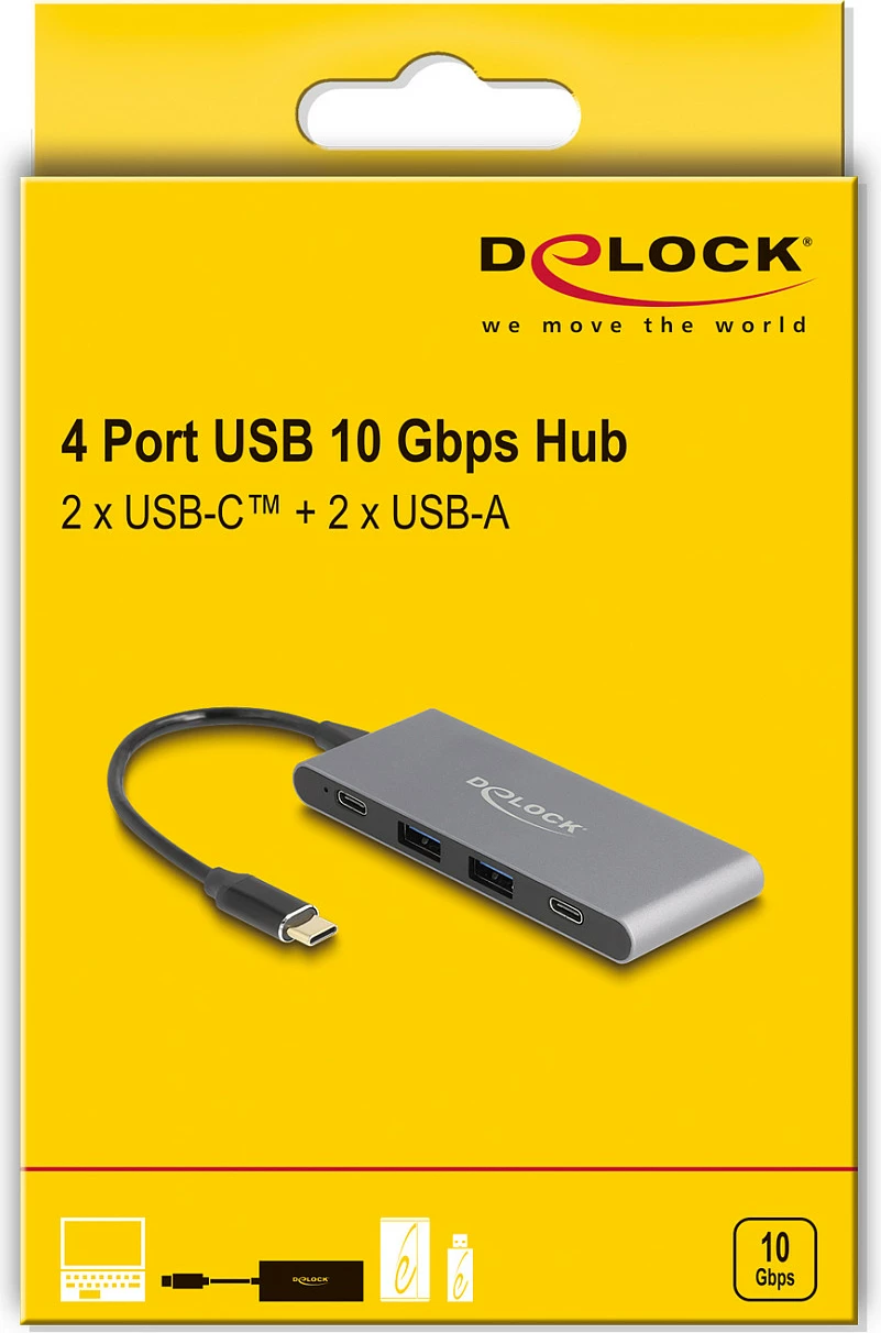 Hub USB-C DeLOCK 4-Port, 2x USB-A + 2x USB-C, 10 Gbps, USB PD, gri