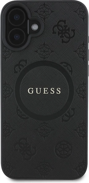 Mbështjellës Guess Saffiano Peony Classic Logo MagSafe për iPhone 16, i zi