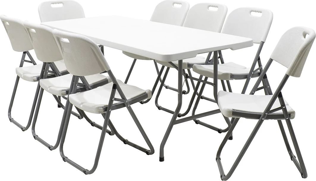 Tavolinë palosëse për kamping, kornizë metalike, ngjyrë e bardhë, 152x60x74cm