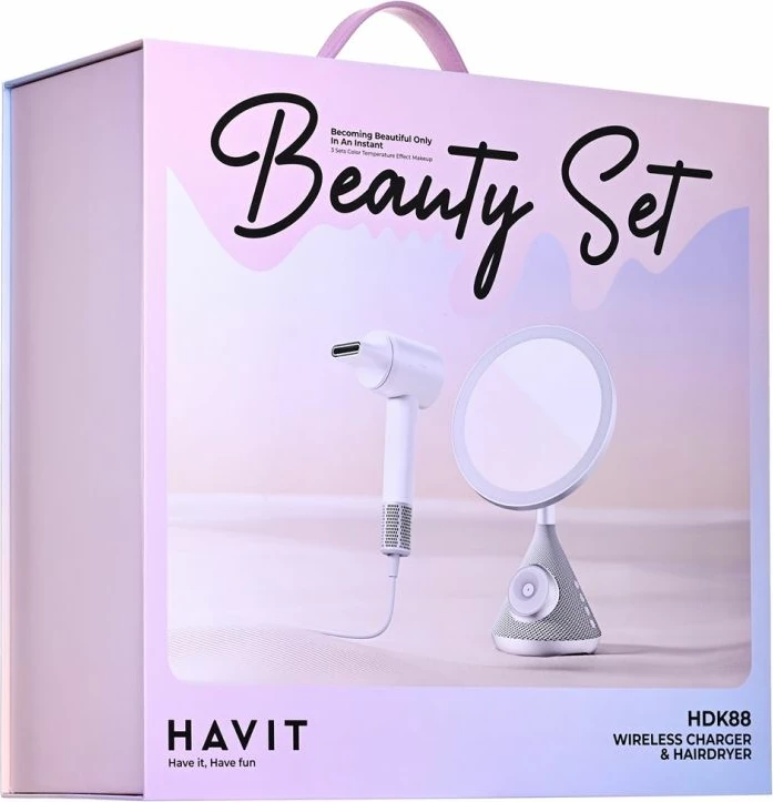 Set tharëse flokësh Havit me pasqyrë kozmetike dhe karikim wireless, e bardhë/argjendtë