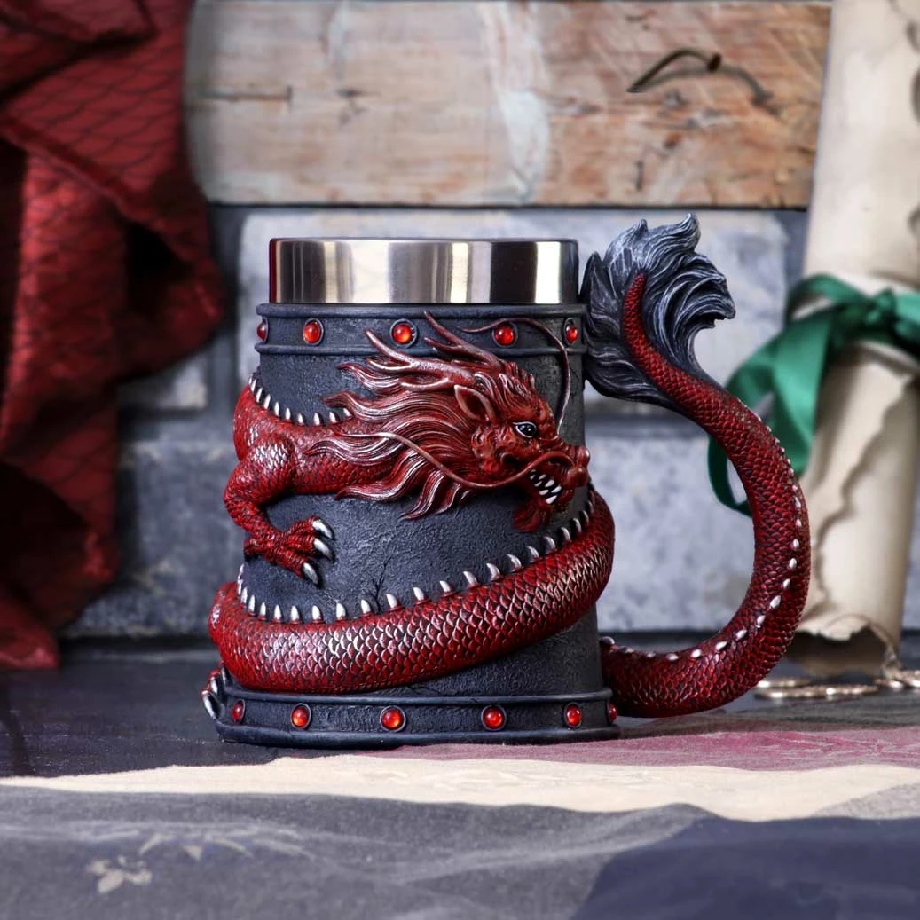 Krug Nemesis Now Dragon Coil 16 cm, me insert çeliku inox, kuqe/zezë