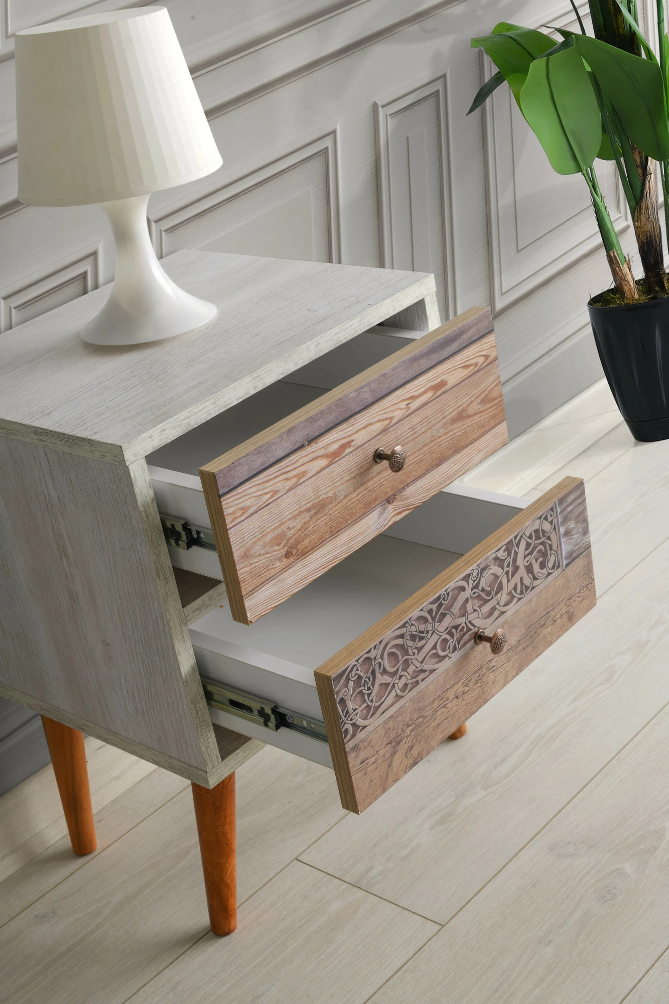 Komodinë Hanah Home, Malmo, ngjyrë e bardhë dhe arre