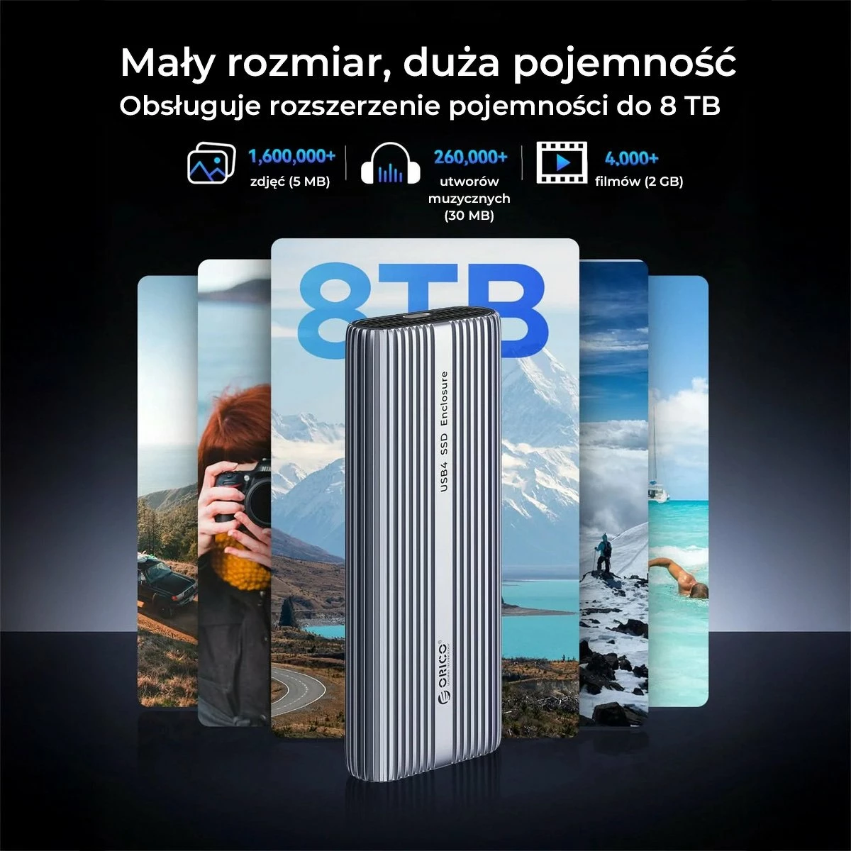 Kasë e jashtme për SSD M.2 NVMe Orico ACOM2-U4-GY-BP, USB-C 40Gbps, me ventilator, alumini, me kabllo C‑to‑C + adapter C‑to‑A, argjendtë