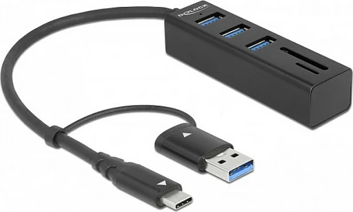 Hub USB DeLOCK 3-Port USB 3.2 Gen 1 me lexues SD/MicroSD, Type-C/Type-A, i zi
