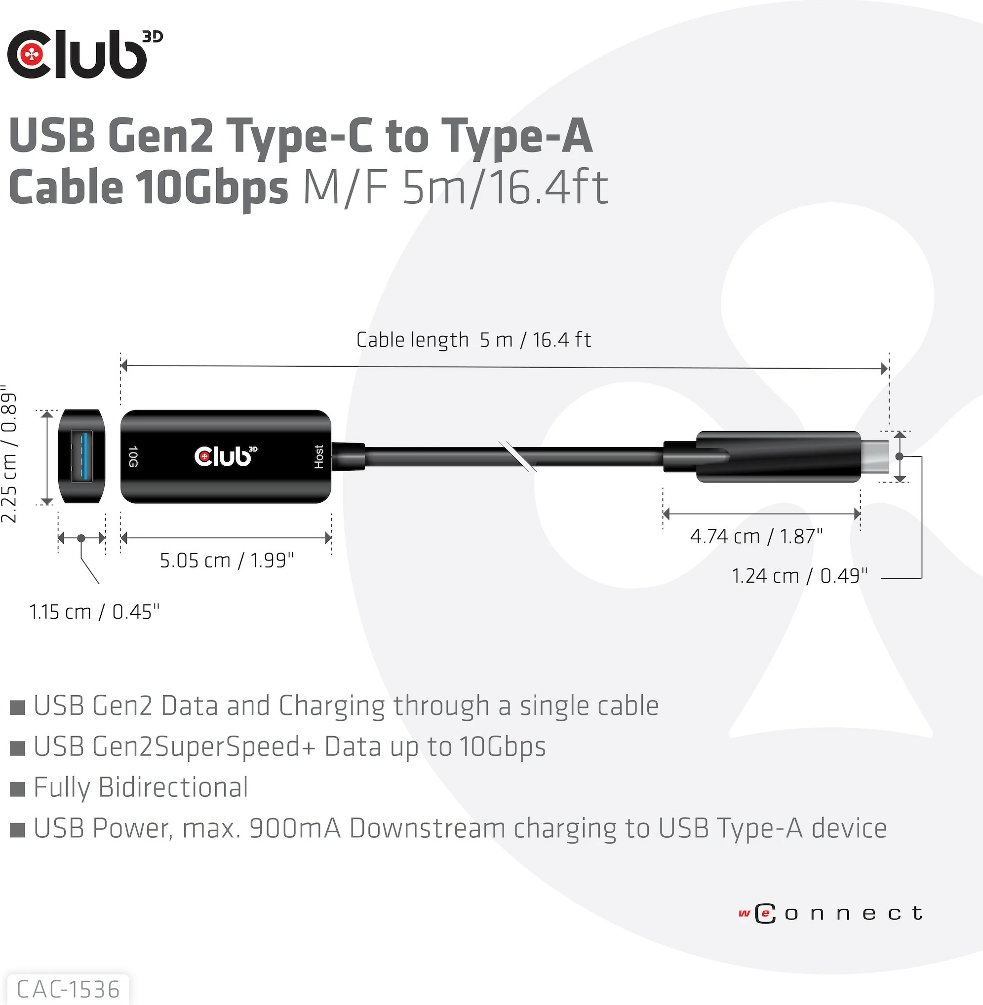 Kabllo USB Club3D USB 3.2 Type-C në Type-A 5m e zezë