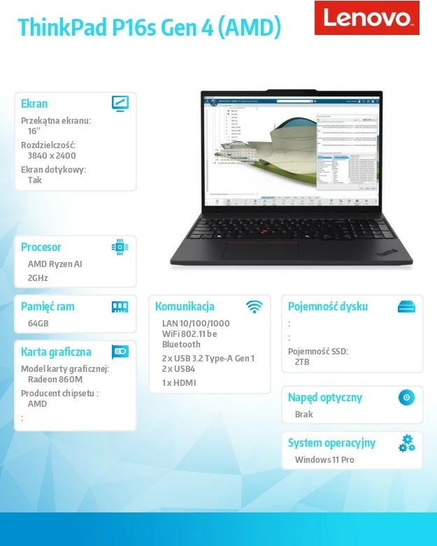 Laptop Lenovo ThinkPad P16s Gen 4, 16", AMD Ryzen AI 7 PRO 350, 64 GB RAM, 2 TB SSD, Radeon 860M, Ekran OLED Touch, Zi