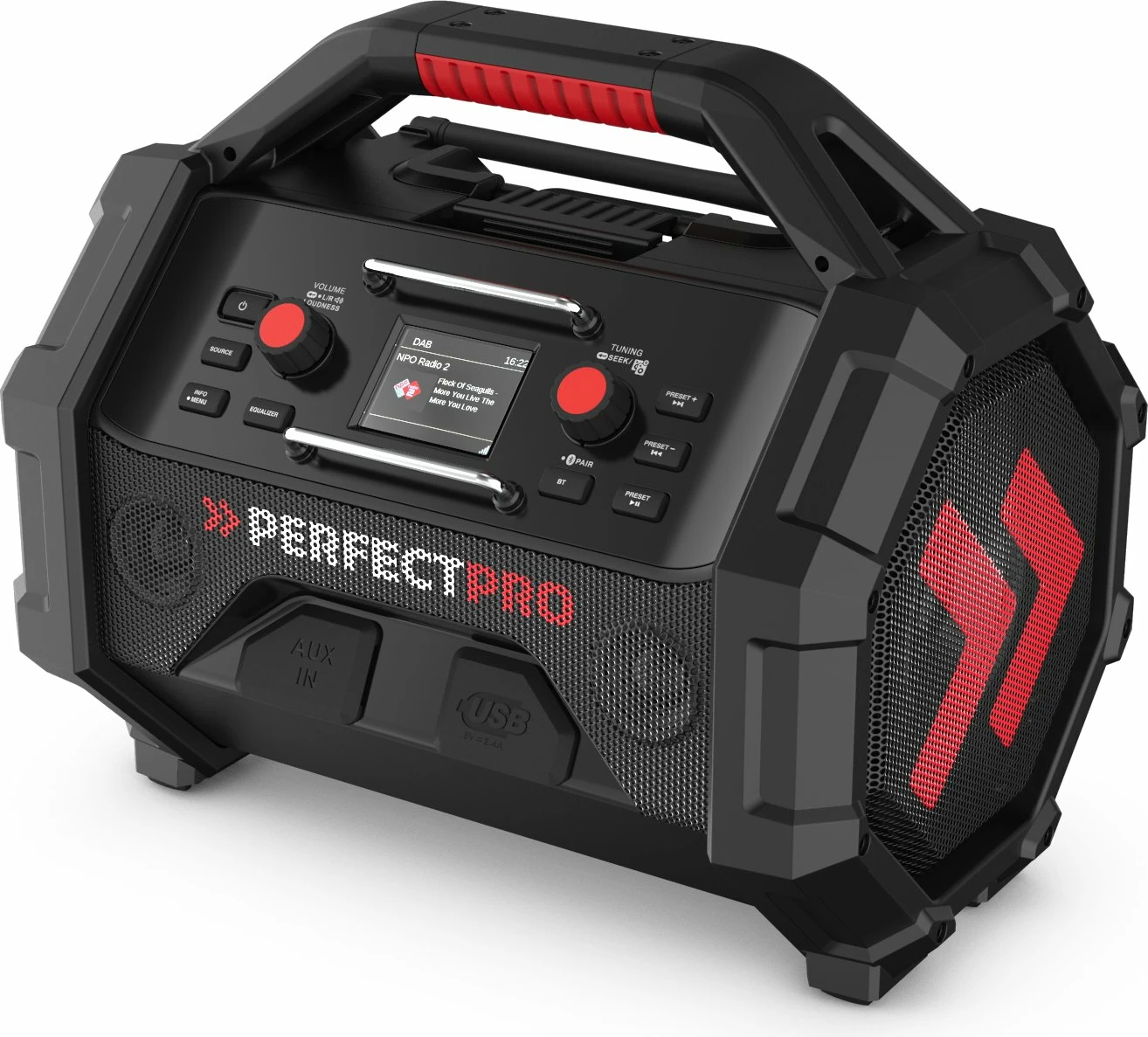 Radio ndërtimi PerfectPro ROCKTAGON 18V, DAB+/FM, Bluetooth 5.2, IP65, 230V/18V, e zezë/kuqe