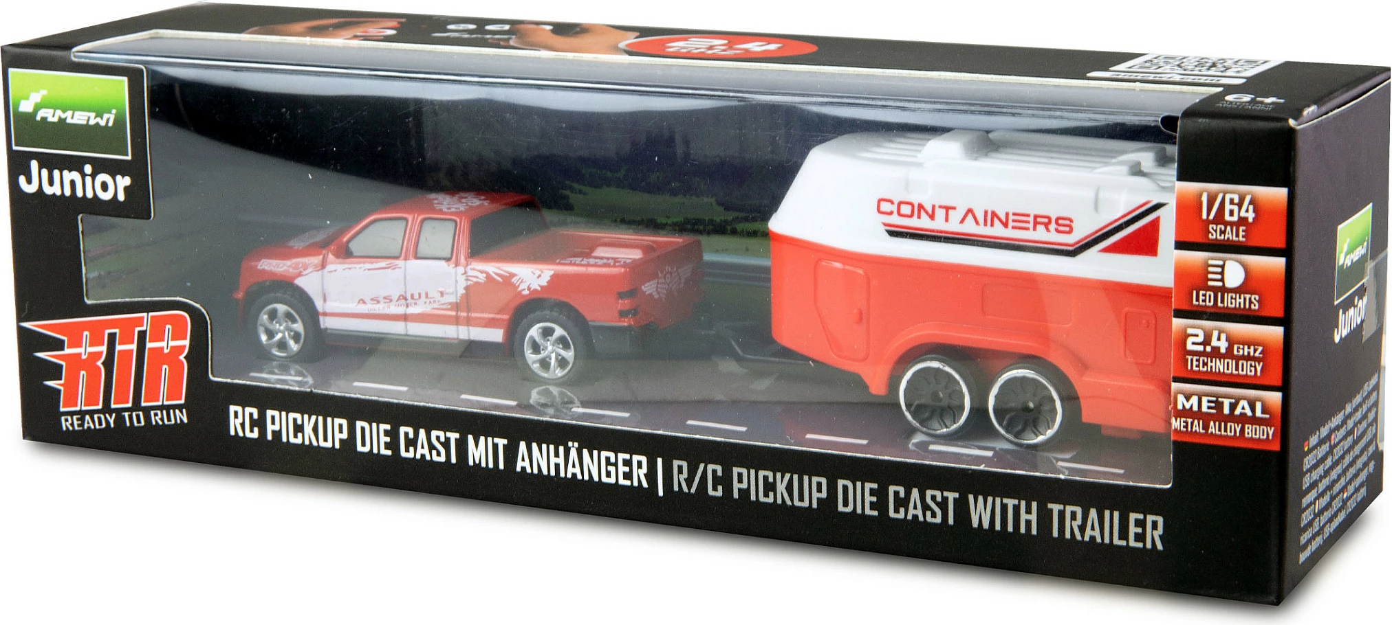 Makina RC AMEWI Pickup me karavan 1:64 RTR, 2.4GHz, e kuqe/bardhë