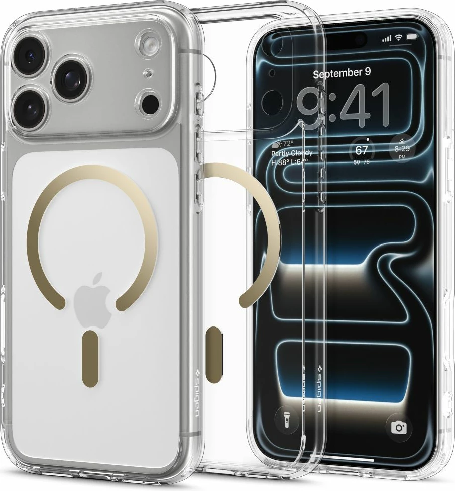 Mbështjellës Spigen Ultra Hybrid MagSafe për iPhone 17 Pro, TPU+PC, me unazë magnetike, Transparent Gold