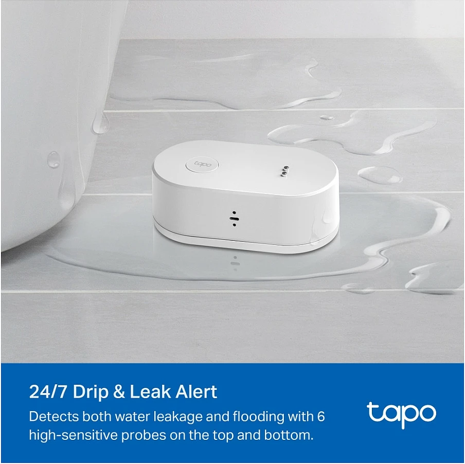 Sensor smart për rrjedhje uji TP-Link Tapo, alarm 90 dB, IP67, me bateri AAA, i bardhë