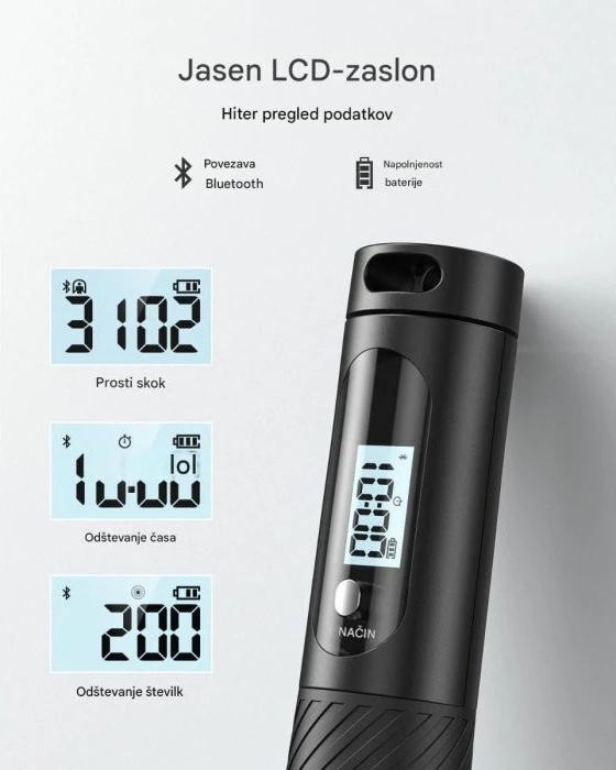 Litar kërcimi smart RENPHO R-Q008 wireless Bluetooth me ekran, 3 m i rregullueshëm, me topa pa litar + litar, i zi (set)