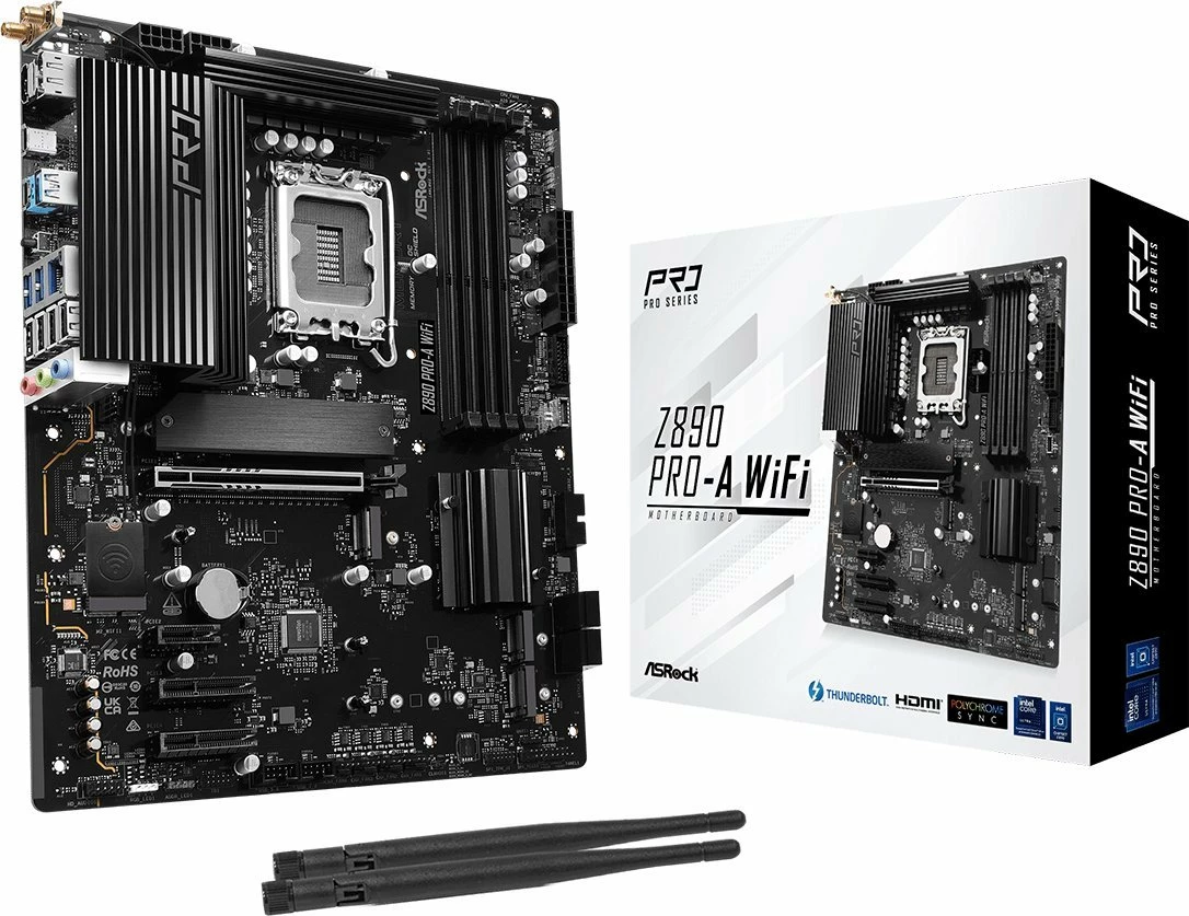 Pllakë amë ASRock Z890 Pro-A WiFi, ATX, Wi‑Fi 6E, Bluetooth, Thunderbolt 4, 256GB RAM max, e zezë, me 2 antena WiFi + 2 kabllo SATA