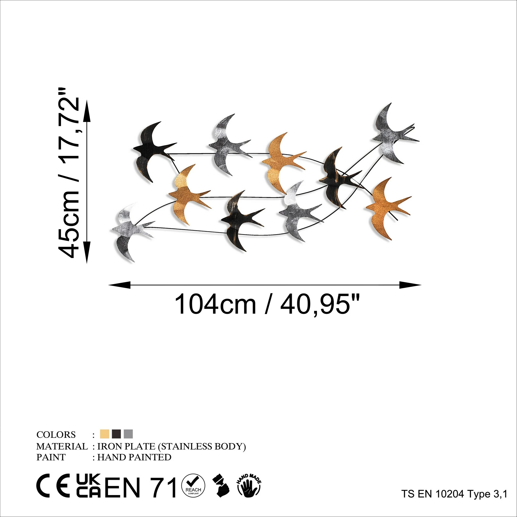 Aksesor dekorativ metalik për mur, Flock of Swallows 2, shumëngjyrësh, 45x104x8cm