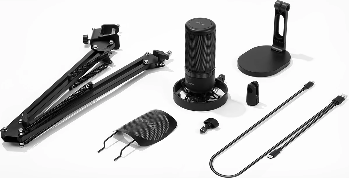 Mikrofon BOYA K3 me kabllo USB-C, 48 kHz/16-bit, superkardioid, RGB, me stativ tavoline & pop filter, i zi