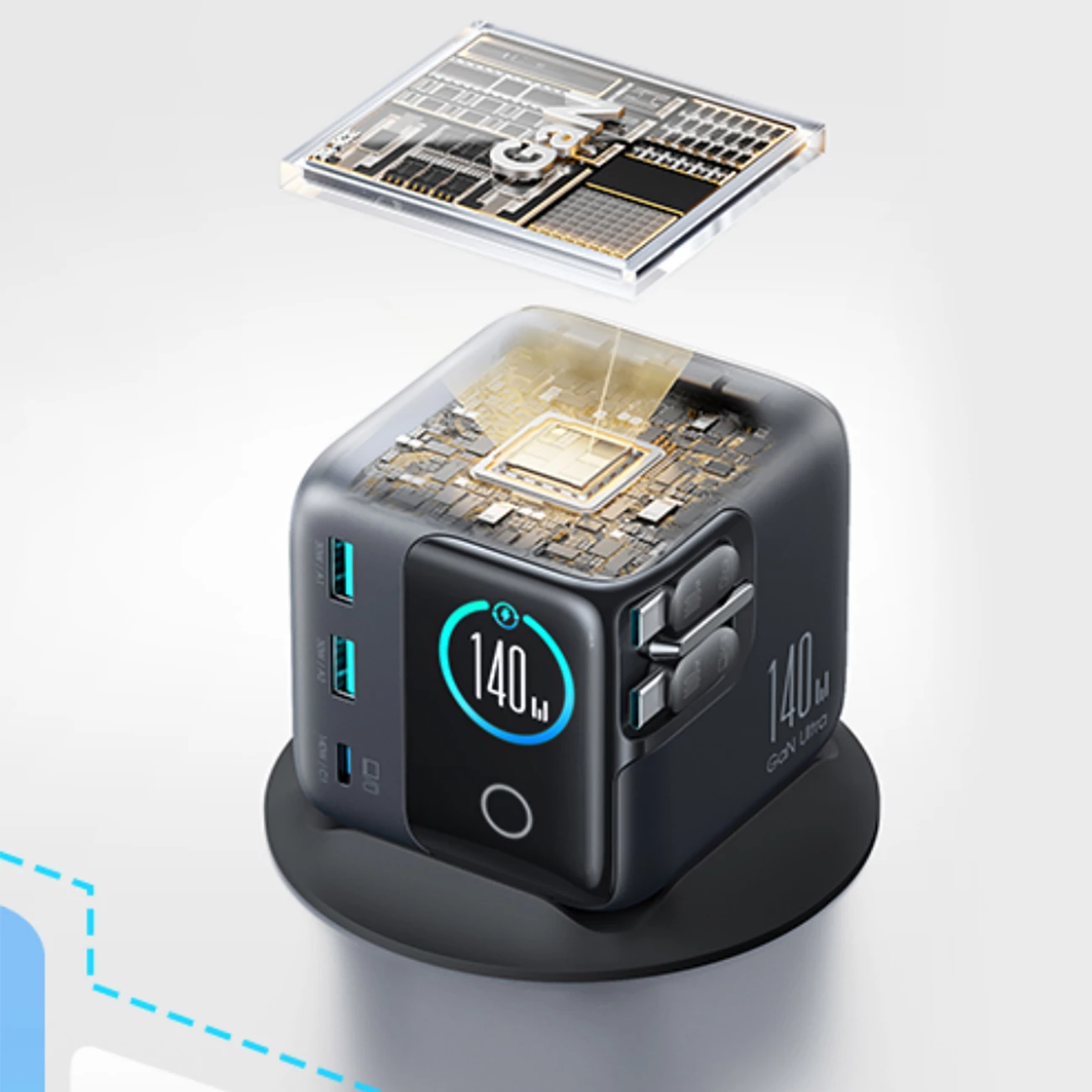 Karikues tavoline GaN, Joyroom Podix JR-TRD01, 140W, 5 porta me dy kabllo USB-C tërheqëse, gri