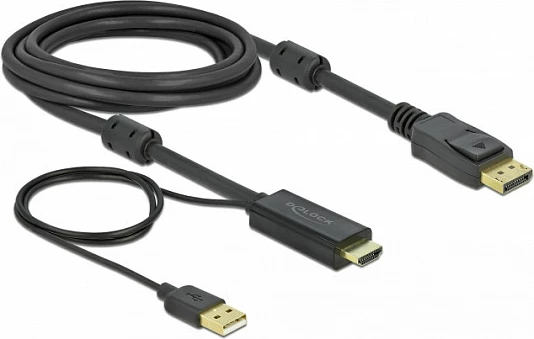 Kabllo DeLOCK HDMI në DisplayPort, 3 m, 4K 30Hz, me USB-A, e zezë