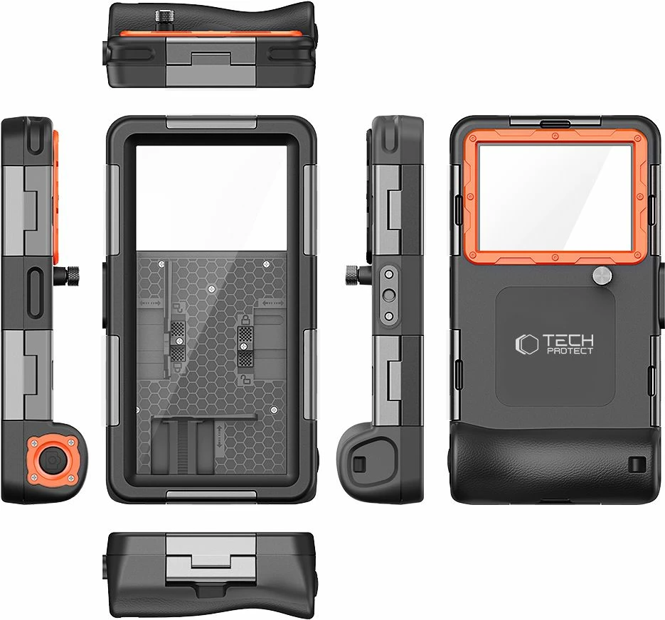 Mbështjellës Tech-Protect Waterproof Case IPX8 për celular 4.7-6.7 inç, zi dhe portokalli