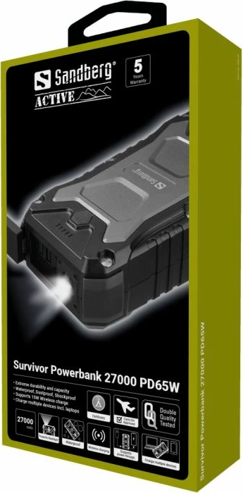Powerbank Sandberg Survivor 420-99, 27000 mAh, PD 65W, IP66, wireless 15W, e zezë/gri, set me karabiner + kabllo USB-C