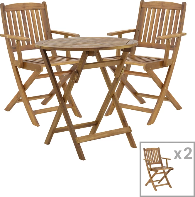 Tavolinë me karrige Recofly-Carpuva set prej 3 copash, palosëse, dru akacie natyrale D70x74cm