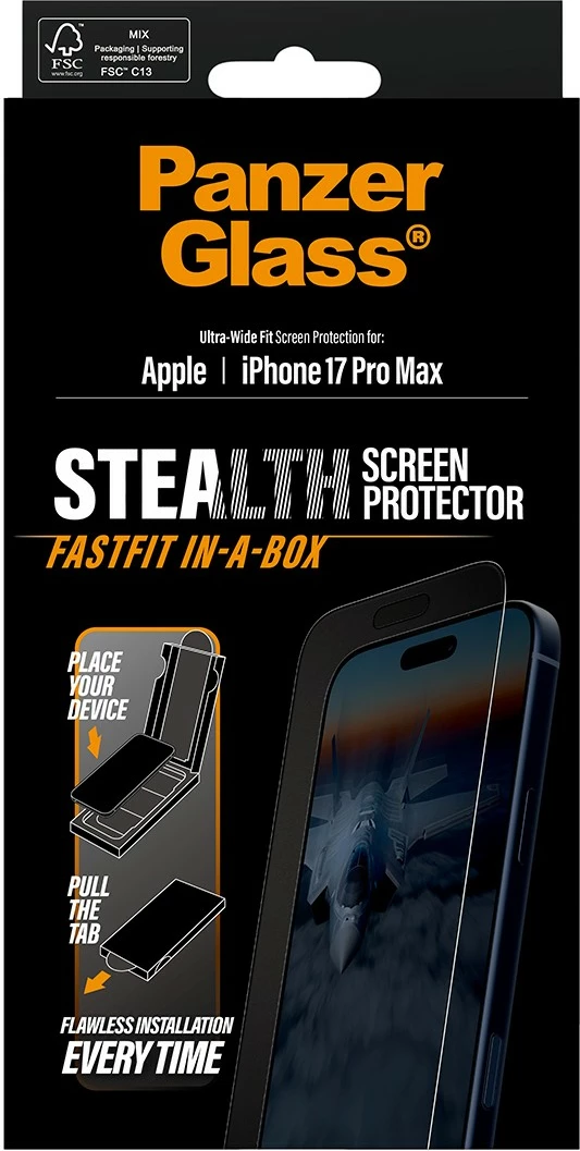 Mbrojtës ekrani PanzerGlass Stealth për iPhone 17 Pro Max, Ultra-Wide Fit, Fastfit, kornizë e zezë
