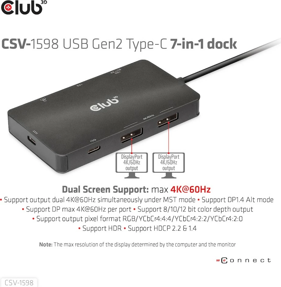 USB-C HUB Club3D CSV-1598, 7 porte, 2xDisplayPort, 2xUSB-A, 2xUSB-C, LAN, 4K60Hz, e zezë