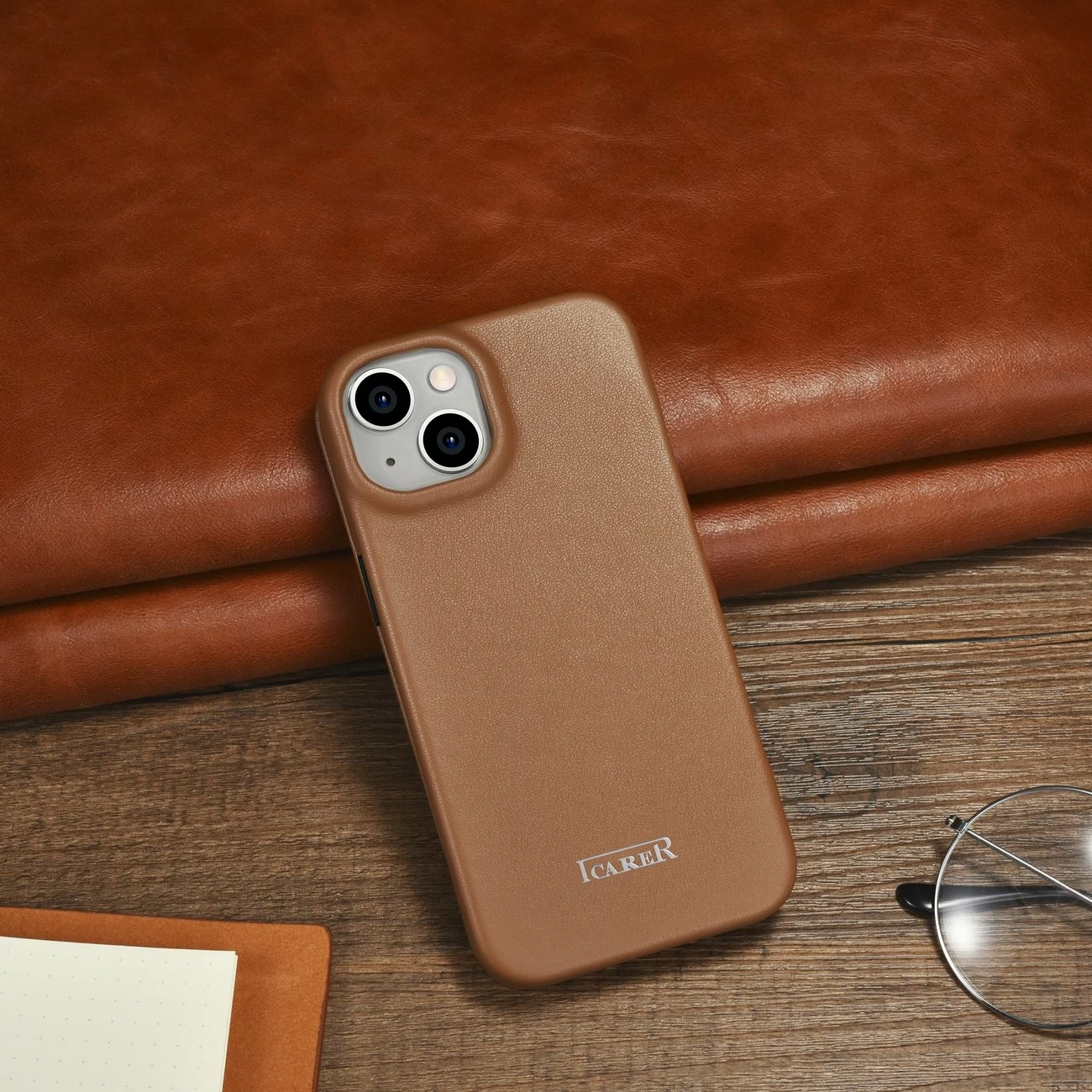 Mbështjellës lëkure iCarer CE Premium Folio për iPhone 14, MagSafe, kafe