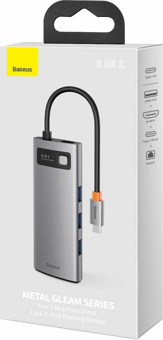 Hub USB-C Baseus CAHUB-CW0G 6-në-1, HDMI 4K, 3x USB 3.0, LAN Gigabit, USB-C, argjend