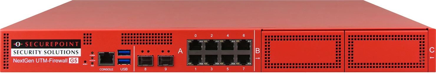 Pajisje UTM Firewall Securepoint RC1000R G5, 30 Gbit/s, VPN 3.5 Gbit/s, 8x Gigabit RJ-45, 2x SFP, 1U, e kuqe