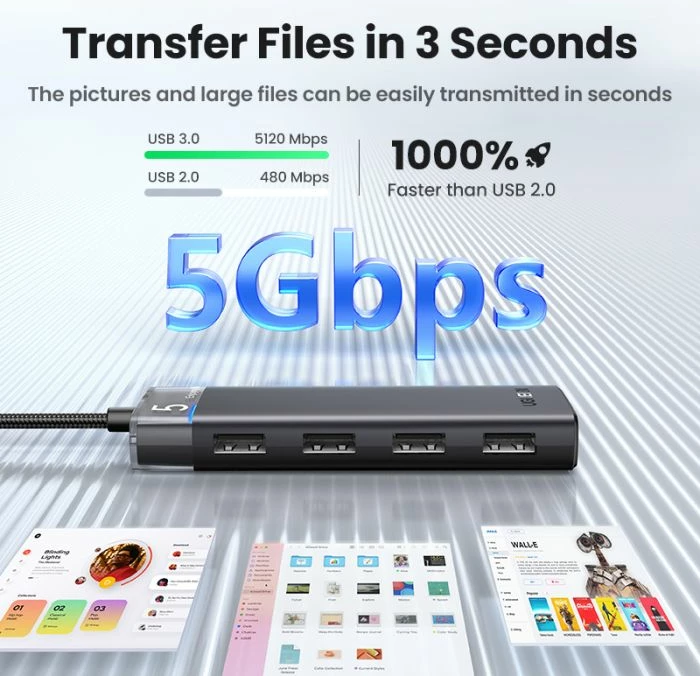 Hub USB, UGREEN, 15548, 4 porta, USB 3.0, 5Gbps, kabllo 20cm, i zi