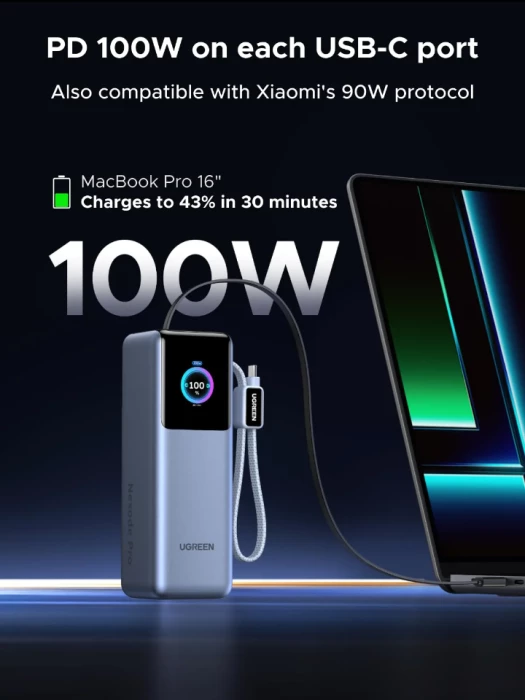 Power bank UGREEN 75702B 25,000mAh 200W me ekran digjital, gri