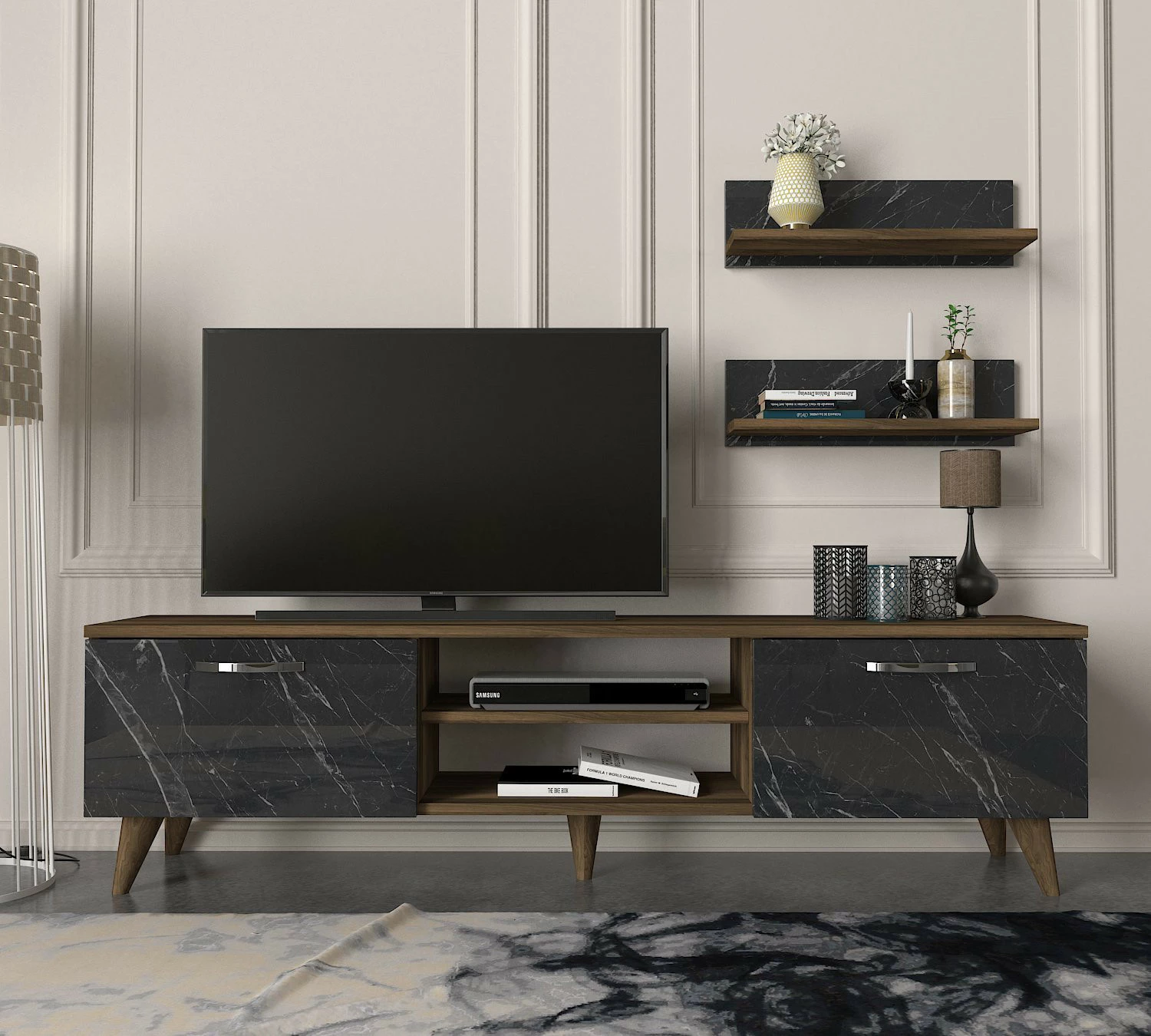 Njësi TV Skye Decor, Ayden, ngjyrë arre dhe mermeri
