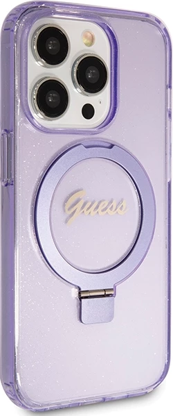 Mbështjellës Guess Ring Stand Script Glitter MagSafe për iPhone 15 Pro Max, vjollcë
