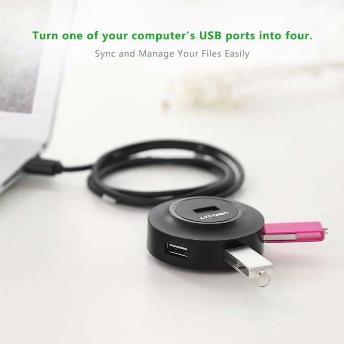 Hub USB 2.0 UGREEN 20277, 4 porta, kabllo 1 m, i zi, me kuti