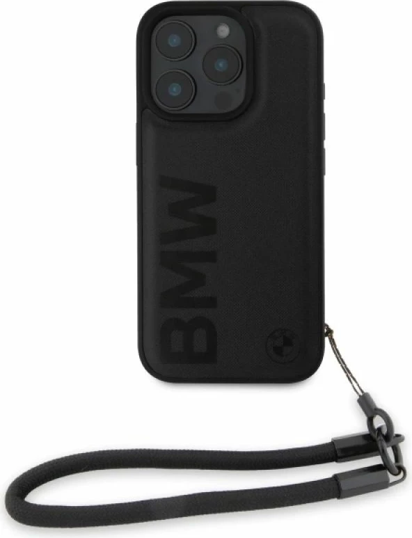 Kuti telefoni BMW Signature Leather Wordmark Cord për iPhone 16 Pro, e zezë