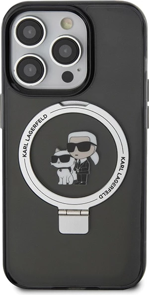 Mbështjellës Karl Lagerfeld KLHMP15LHMRSKCK për iPhone 15 Pro 6.1", me unazë Ring Stand Karl&Choupette, MagSafe, zi