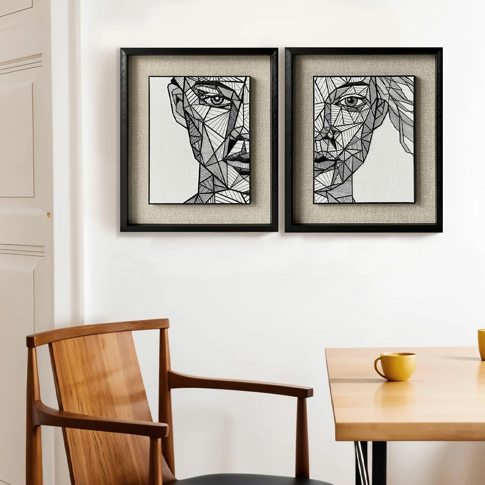 Pikturë dekorative me dizajn linear gjeometrik, letër, xham, 60x70x4cm, e bardhë, e zezë, bezhë