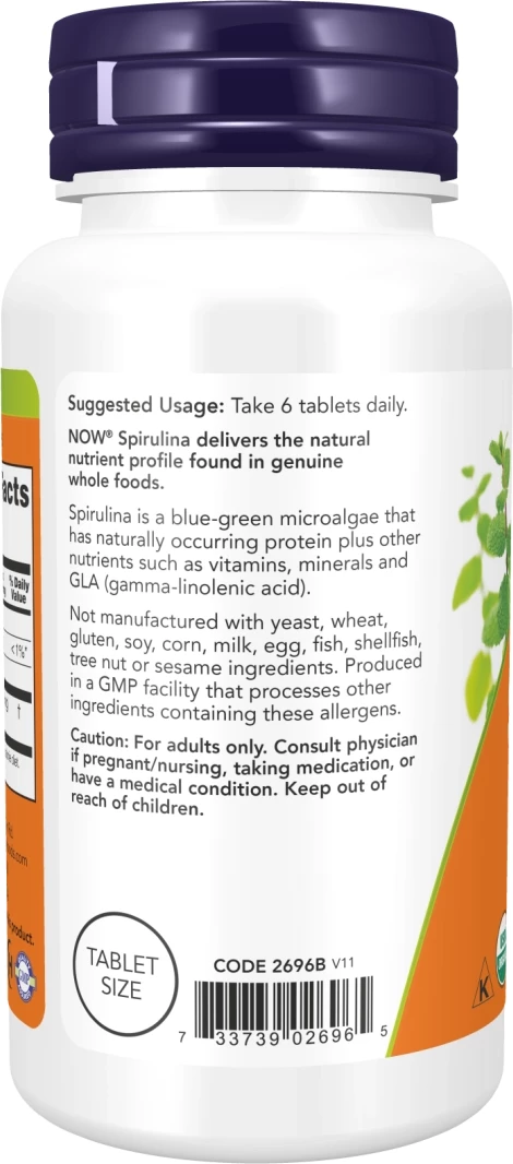 Organic Spirulina 500 mg NOW Foods, 100 tableta