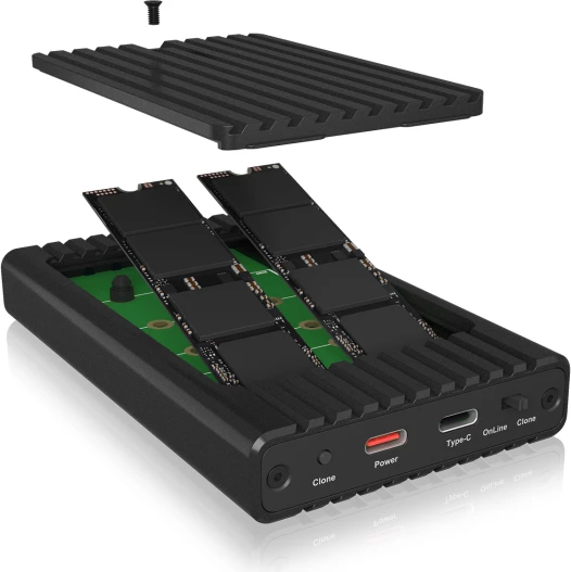 Kasë për 2x M.2 NVMe SSD ICYBOX IB-2817MCL-C31, USB 3.2 Gen 2 10 Gbit/s, klonim pa kompjuter, e zezë