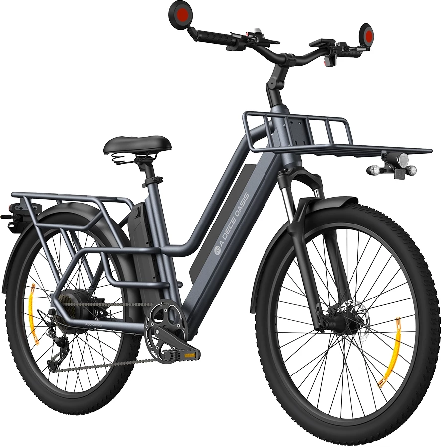 biçikletë elektrike cargo ADO OASIS 260T, 26 inç, rreze deri 180 km, Shimano 7 shpejtësi, 55 Nm, gri, set me 2 bateri