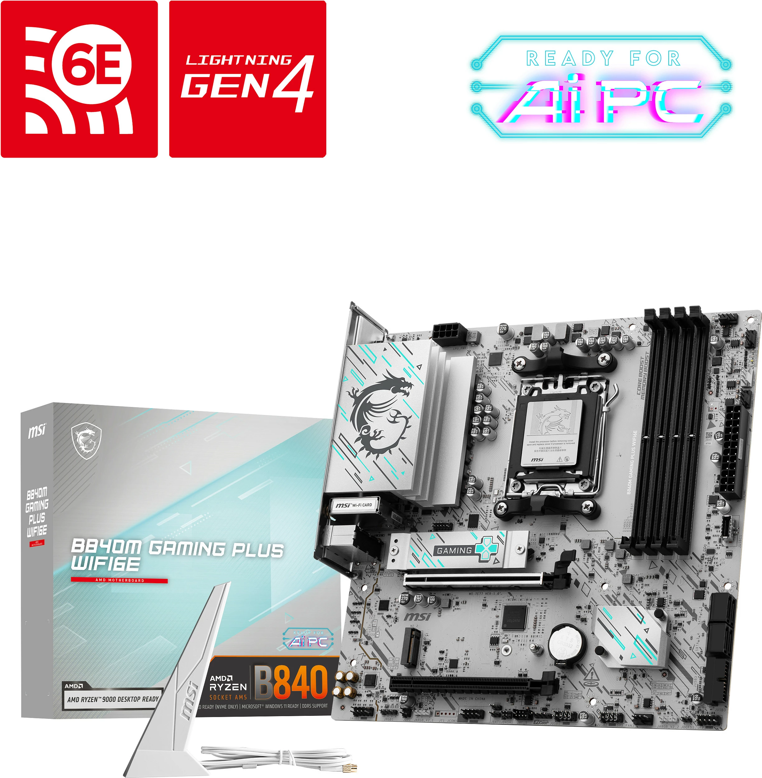 Pllakë amë MSI B840M GAMING PLUS WIFI6E, Socket AM5, micro ATX, DDR5 256GB, Wi‑Fi 6E, e bardhë
