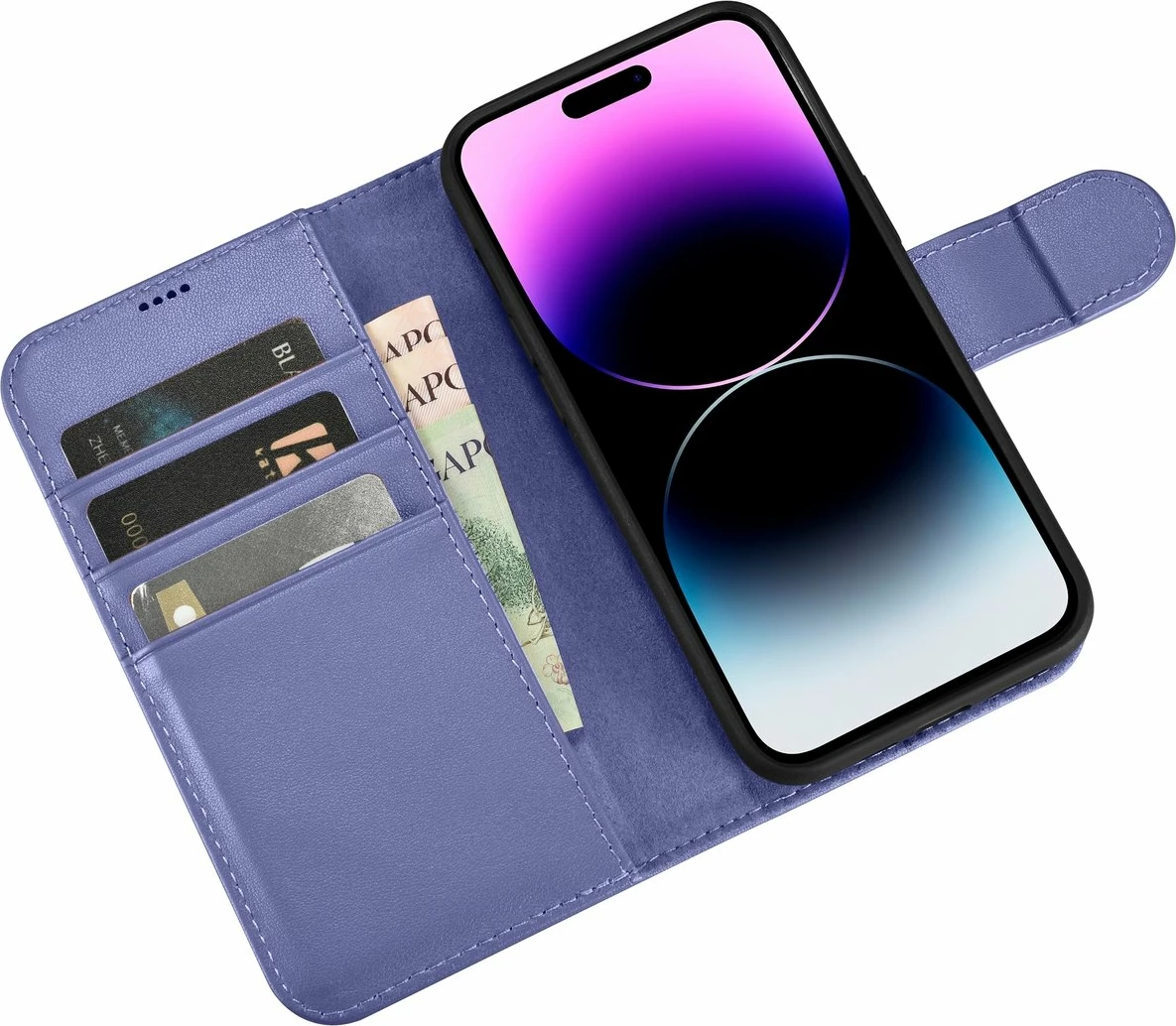 Mbështjellës portofol iCarer për iPhone 14 Pro Max, lëkurë natyrale, anti-RFID, vjollcë e lehtë
