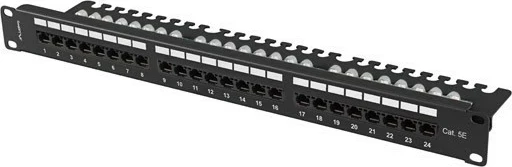 Patch panel LANBERG 24 porta, 1U, 19 inç, kat.5E, me organizer kabllash, zi