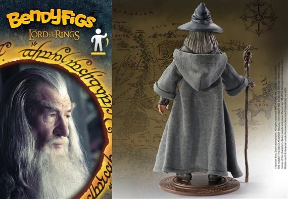 Figurë fleksibile Noble Collection Bendyfigs Lord of the Rings Gandalf the Grey, 18 cm, me mantel pëlhure, me shkop, me bazë ekspozimi